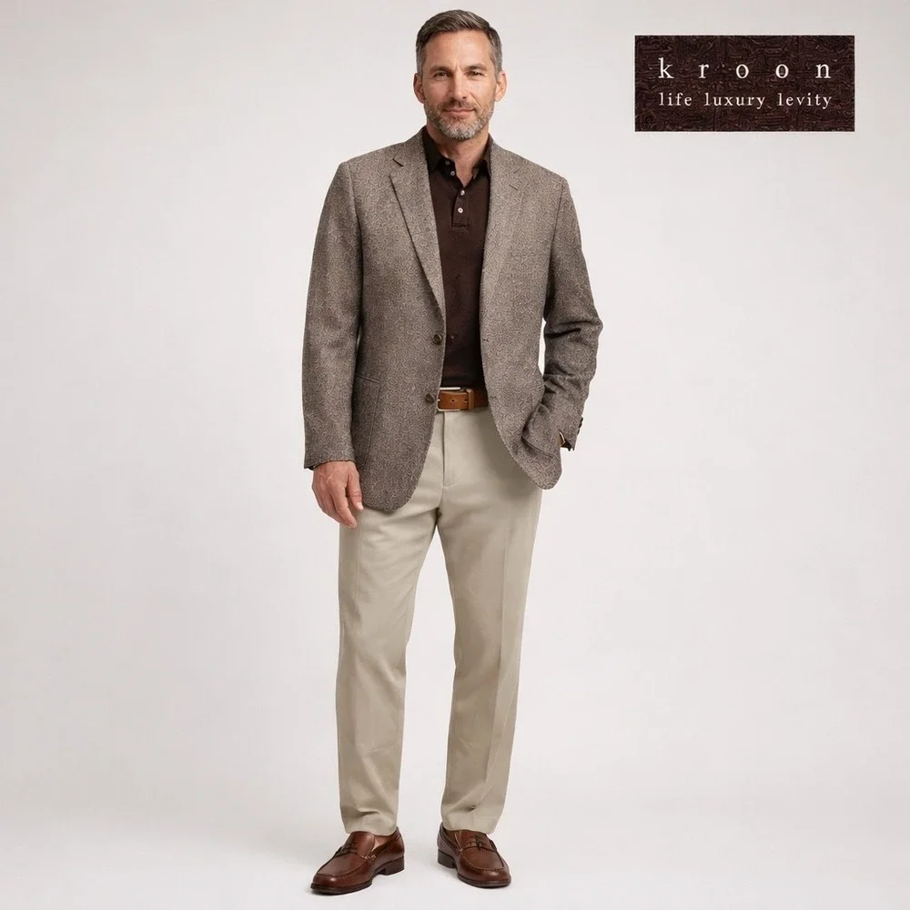 Kroon Tweed Wool Classic Fit Sport Coat Blazer Mens 44R Brown Houndstooth EUC‎